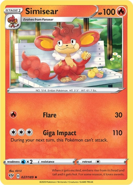 Simisear (027/189) (SWSH03: Darkness Ablaze)