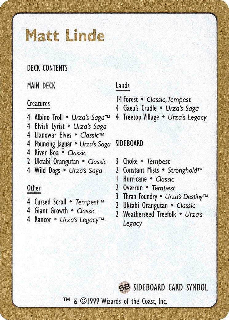 1999 Matt Linde Decklist Card [WCD] - MTG Single