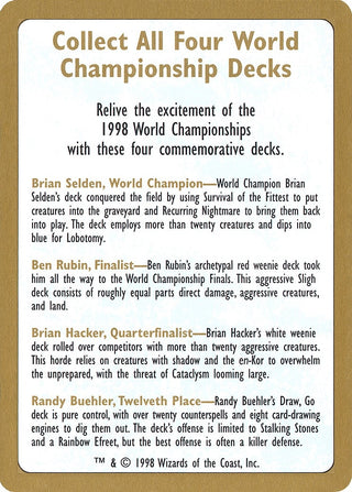 1998 World Championship Advertisement Card [WCD] - MTG Single